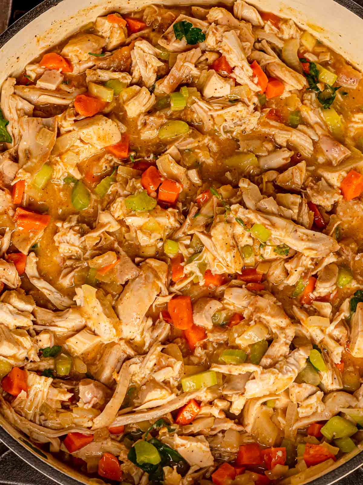 Chicken and vegetables combined in a thick filling mixture.