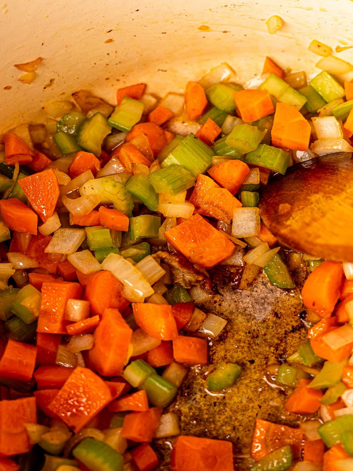 Veggies softening in pot.