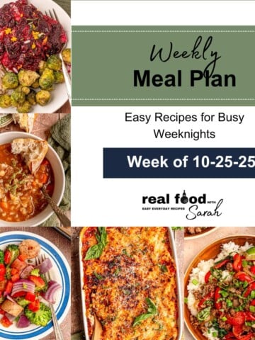 Weekly meal plan graphic with text “Easy Recipes for Busy Weeknights” and a collage of cozy fall dinner ideas from Real Food with Sarah.