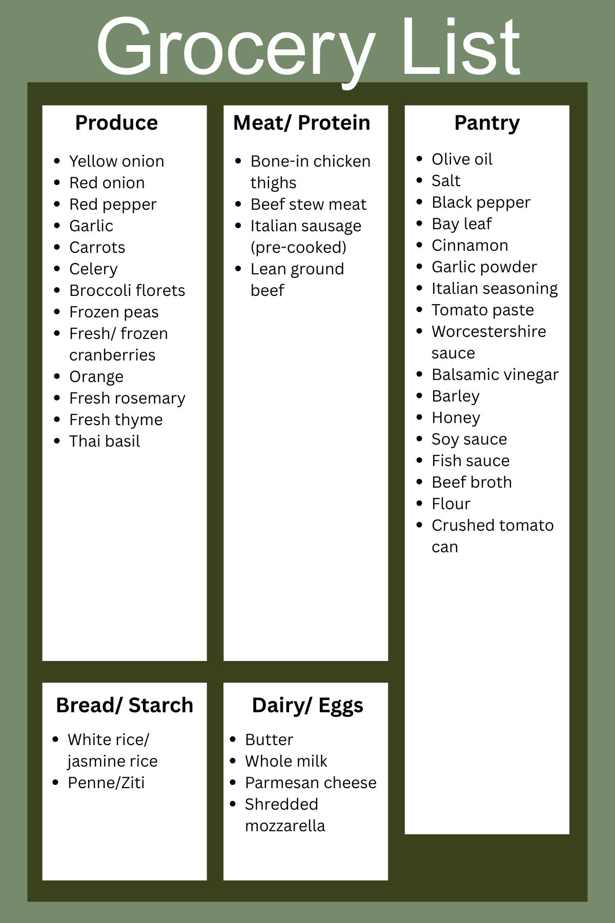 Weekly grocery list for the 10-25-25 meal plan, categorized by produce, meat and protein, pantry, bread and starch, and dairy and eggs.