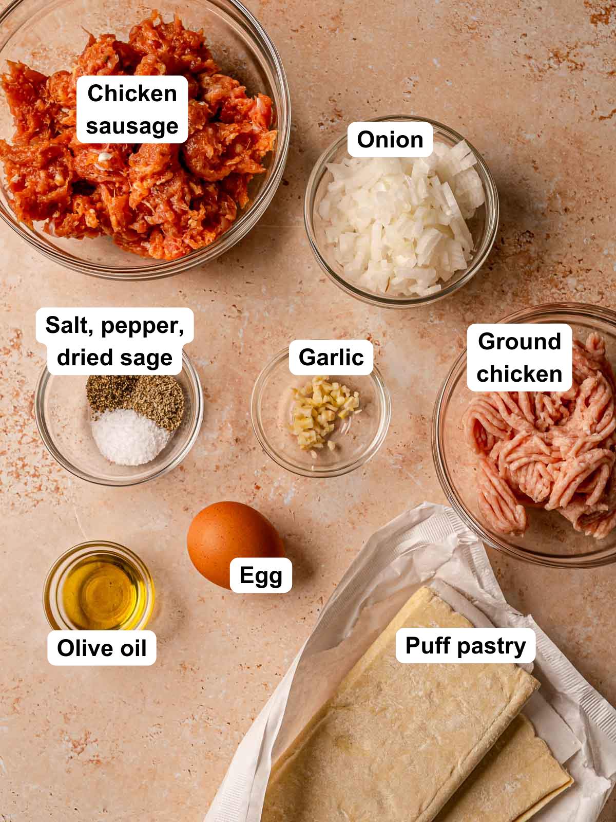 Ingredients in chicken sausage rolls.