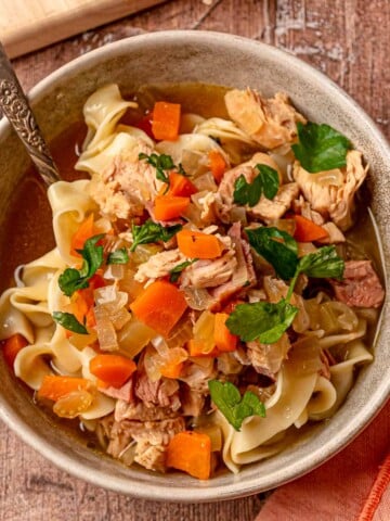 Finished bowl of leftover turkey noodle soup with egg noodles, carrots, celery, and herbs.