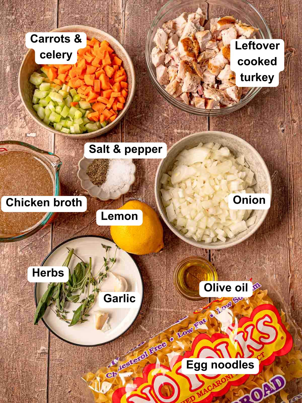 Ingredients for leftover turkey noodle soup labeled and arranged on a wooden surface.