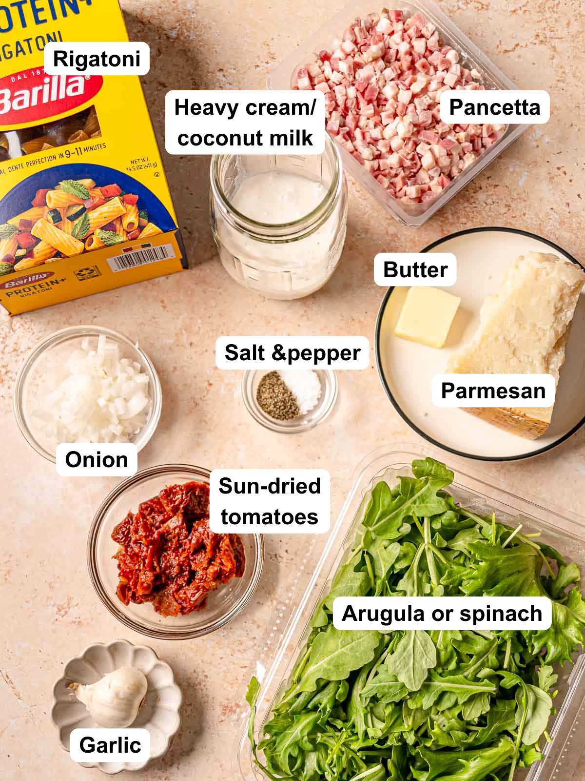 Ingredients in sun dried tomato pasta.