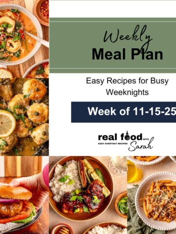 Weekly meal plan graphic for the week of 11-15-25 with a collage of five dinners and the Real Food with Sarah logo.