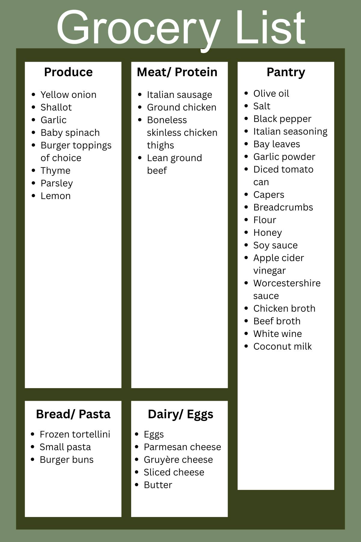 Weekly grocery list for the 11-15-25 meal plan with ingredients organized by produce, meat and protein, pantry, bread and pasta, and dairy and eggs.