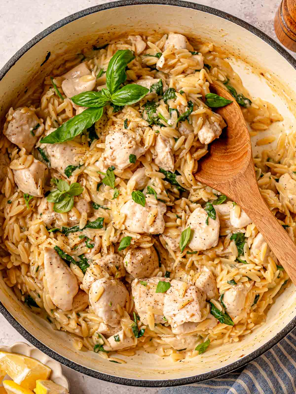 Creamy chicken orzo topped with basil and mixed with parmesan, spinach, and chicken.
