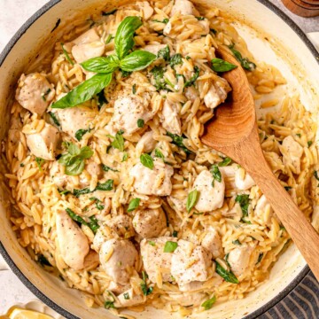 Creamy chicken orzo with spinach, parmesan, and chicken pieces garnished with basil.