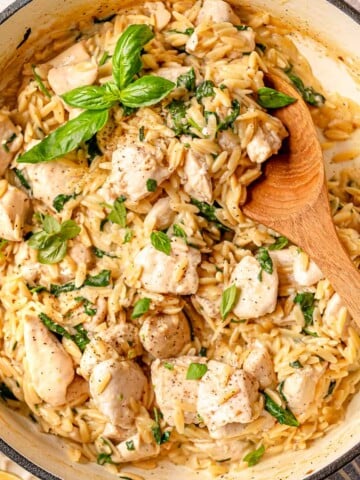 Creamy chicken orzo with spinach, parmesan, and chicken pieces garnished with basil.