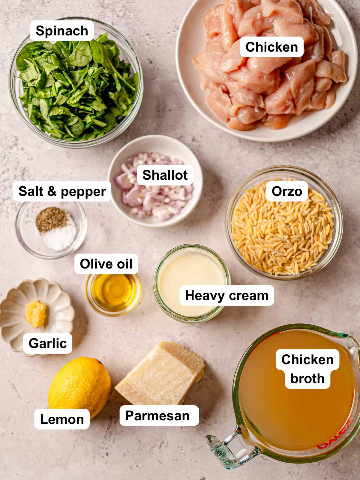 Ingredients to make creamy lemon chicken orzo.