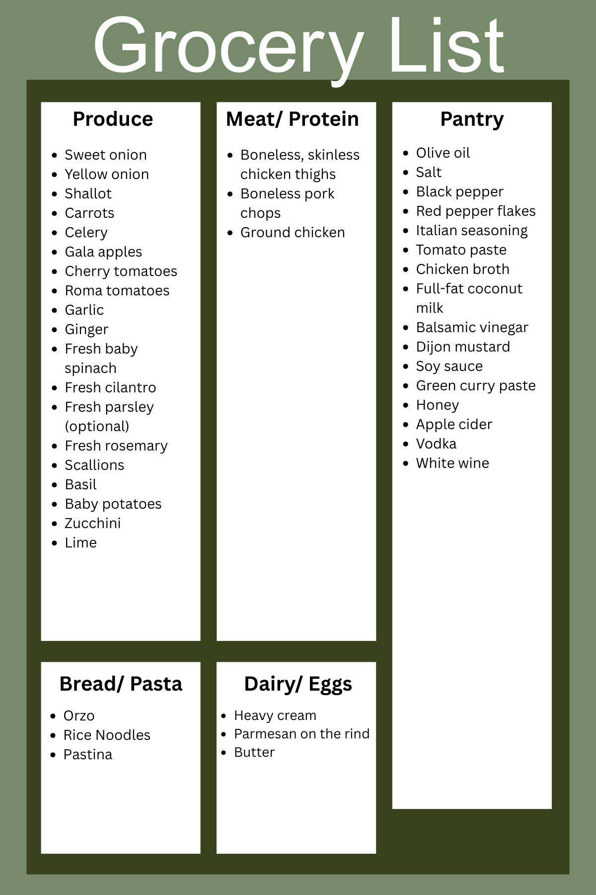 Weekly grocery list for 12-12-2025.
