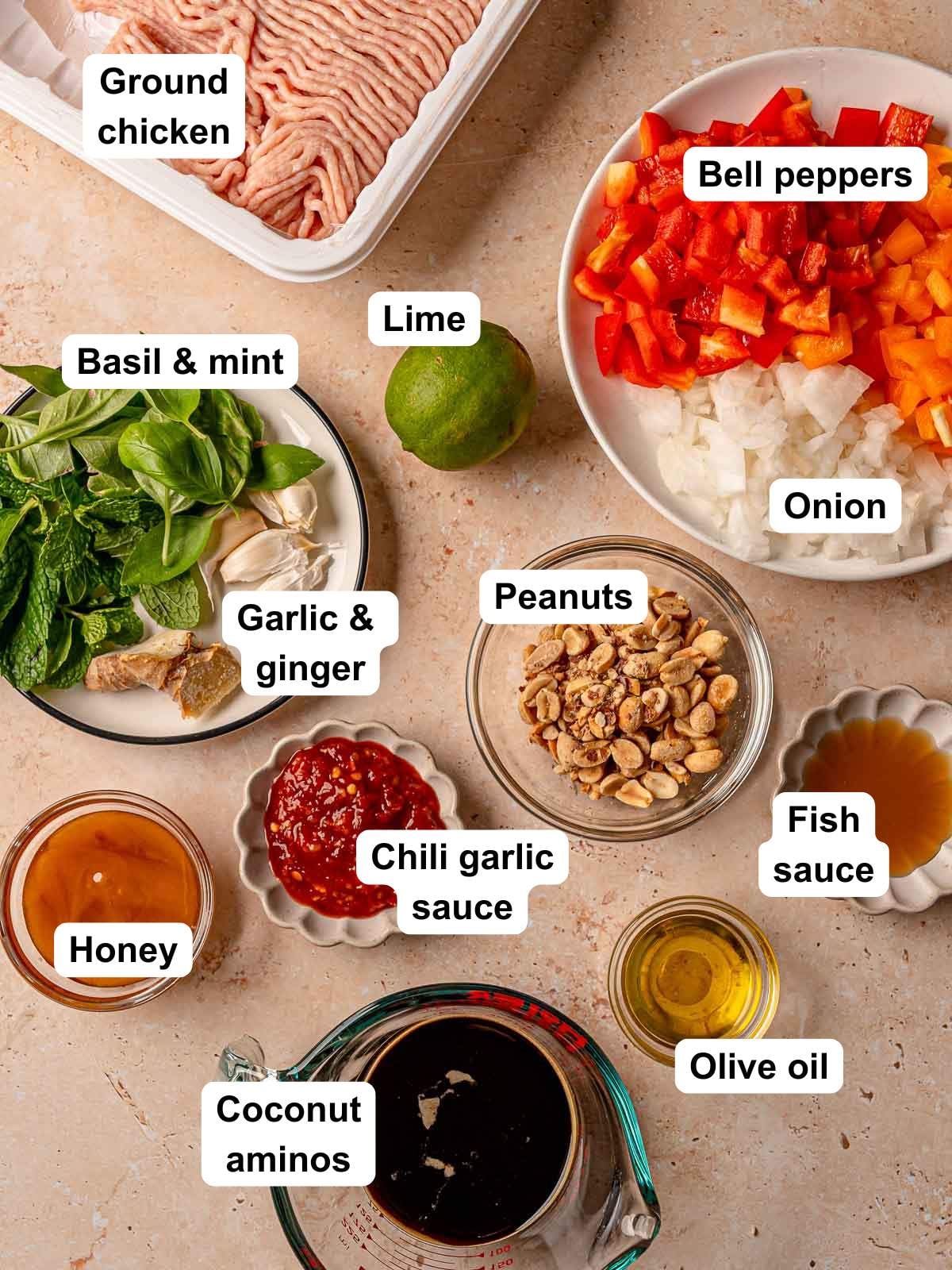 Ingredients for ground chicken stir fry.