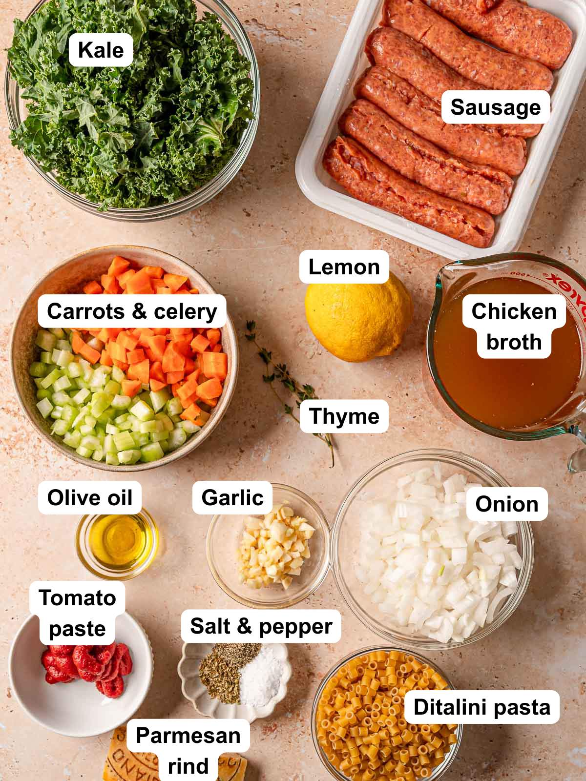 Ingredients in Italian sausage soup with kale.