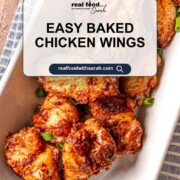 Baked chicken wings seasoned with a dry rub, served in a white baking dish with a recipe title overlay.
