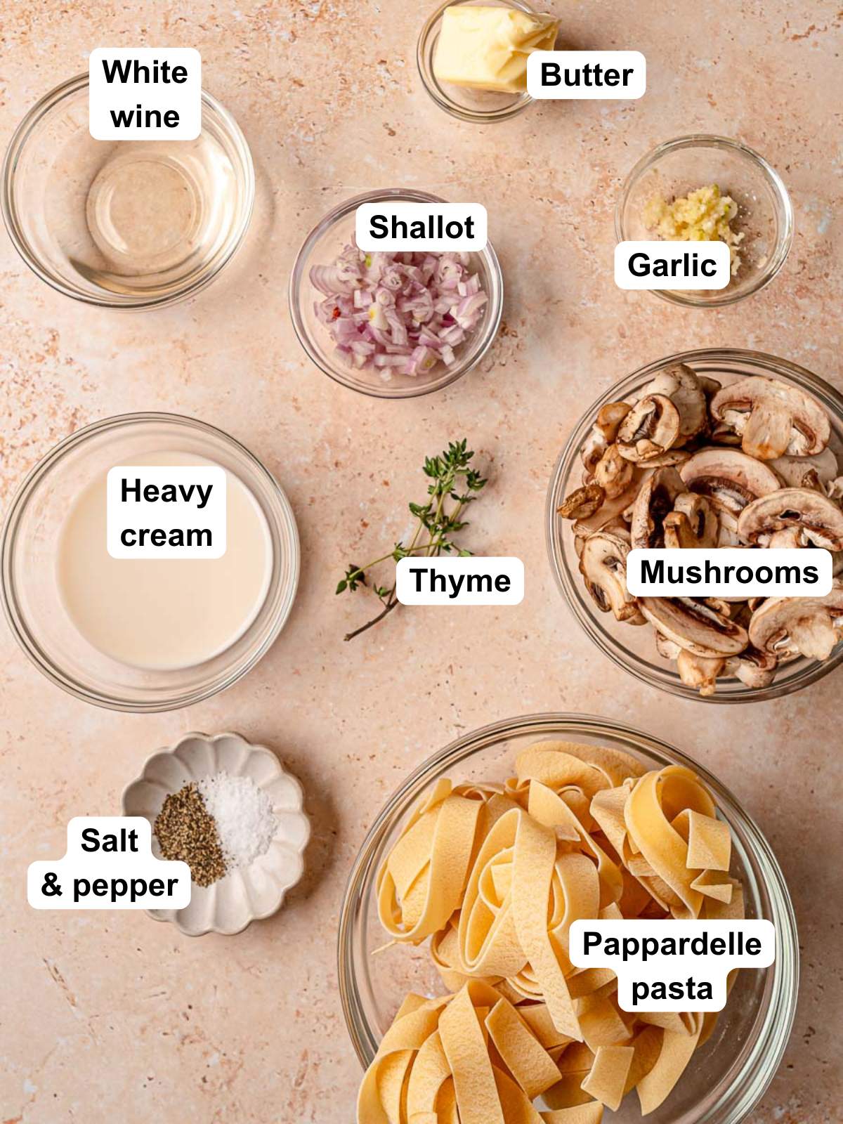 Ingredients for creamy mushroom pasta.