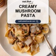 Creamy mushroom pasta with pappardelle, sautéed mushrooms, and shaved Parmesan, styled with a recipe title overlay.