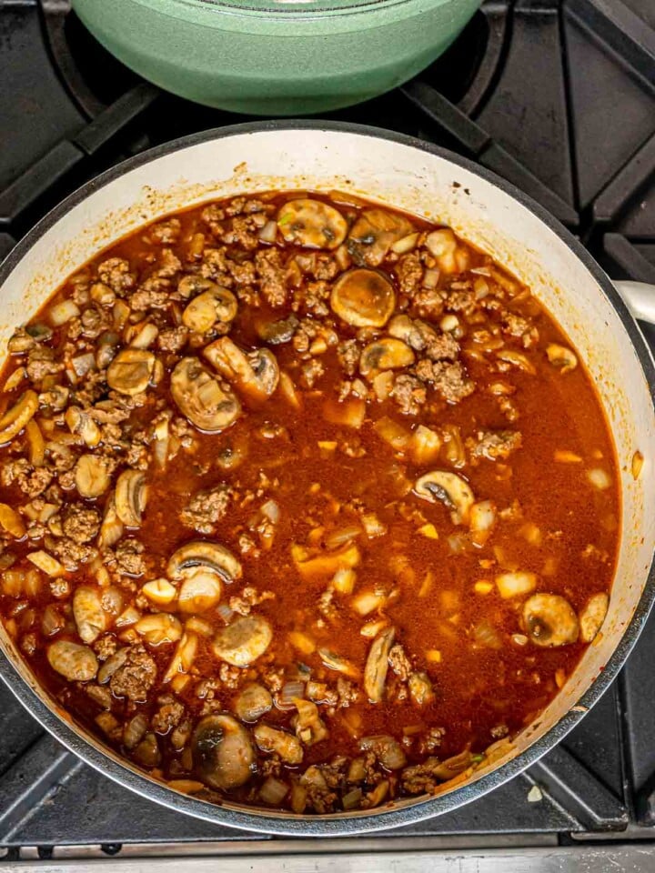 Beef broth added to the skillet to create the stroganoff sauce.