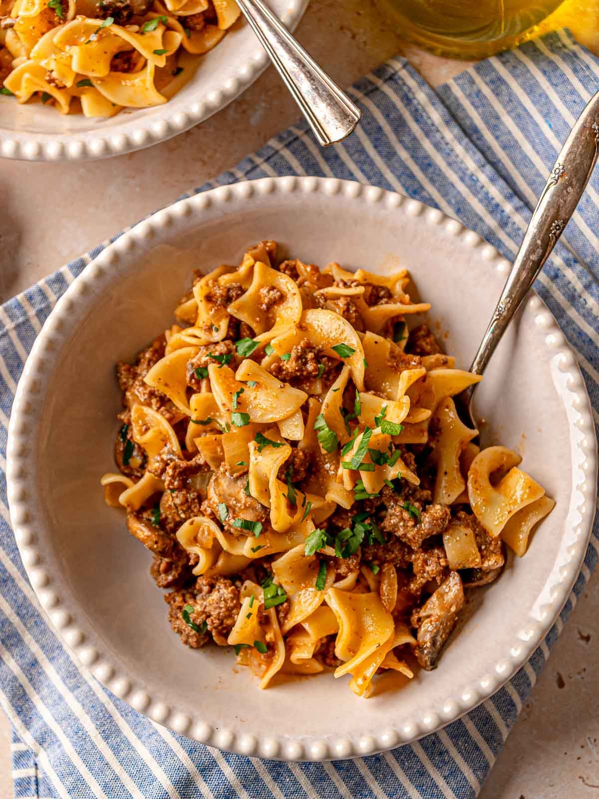 Cooked egg noodles tossed with the ground beef stroganoff sauce.