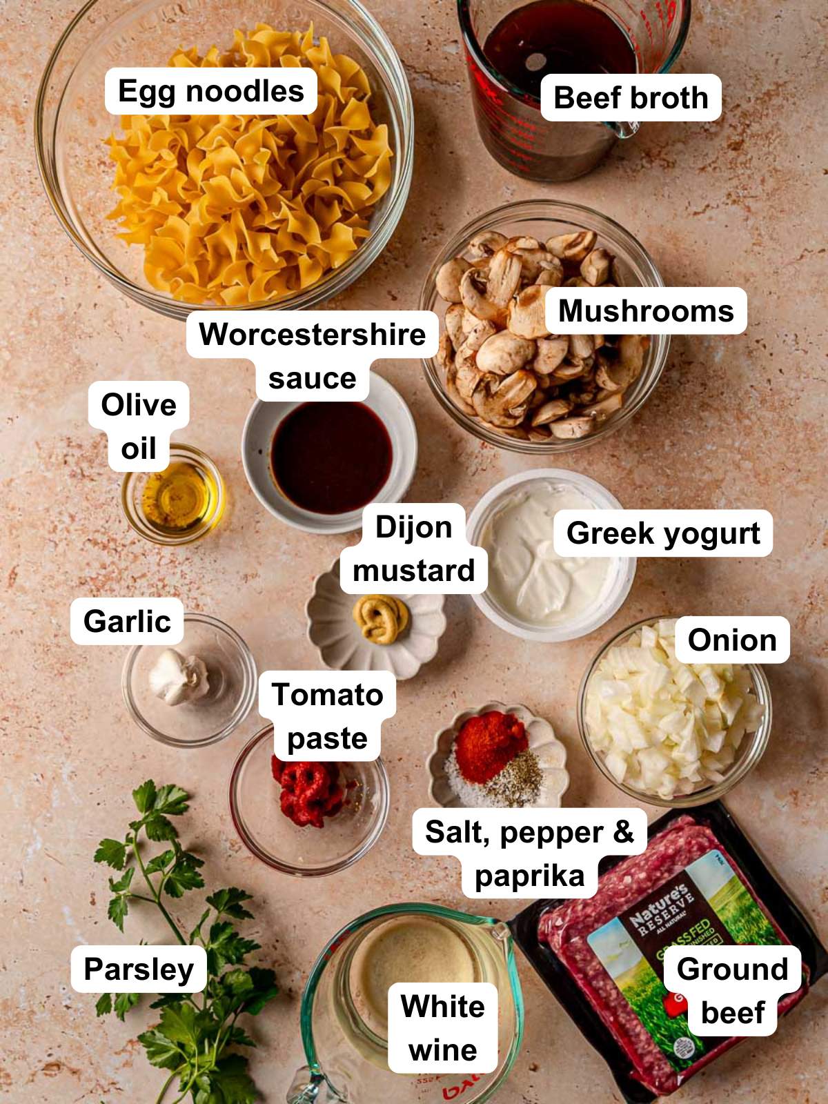 Ingredients for ground beef stroganoff.