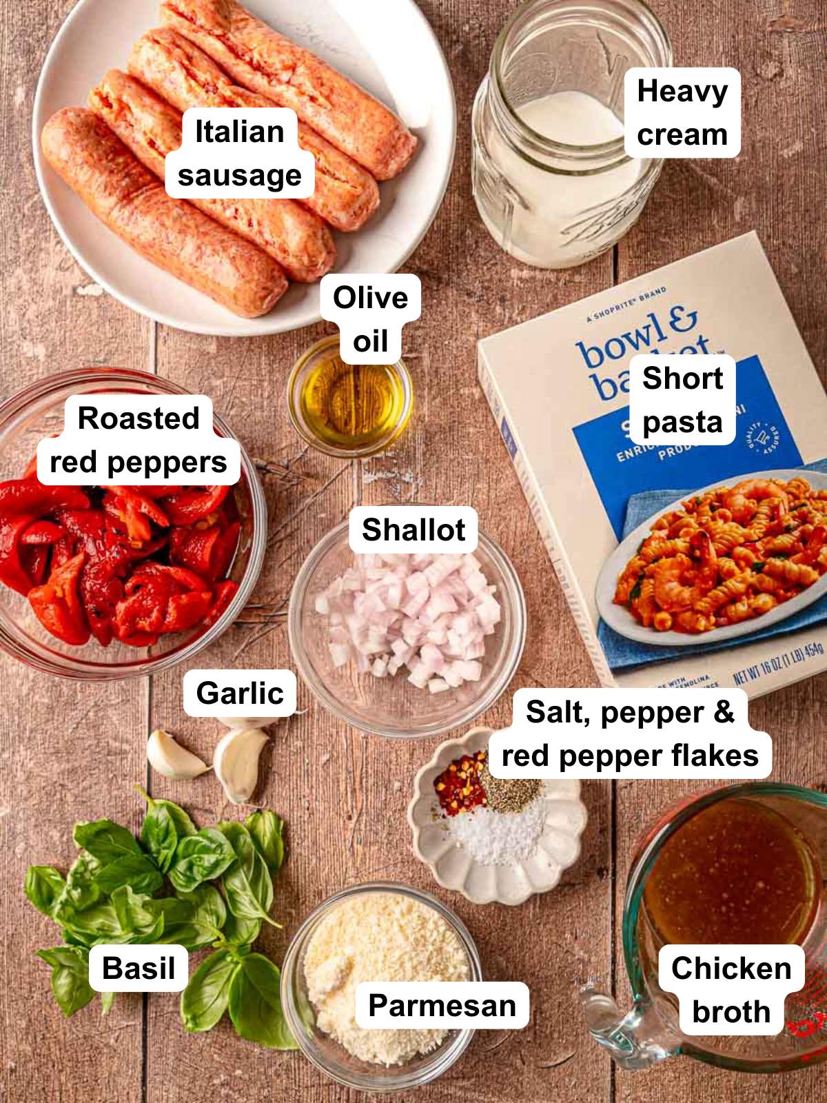 Ingredients for roasted red pepper pasta.