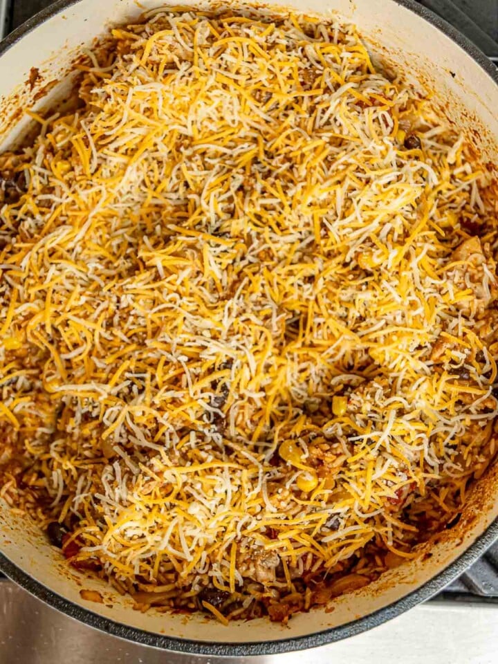 Shredded cheddar and Monterey Jack cheese covering entire surface of chicken and rice mixture.