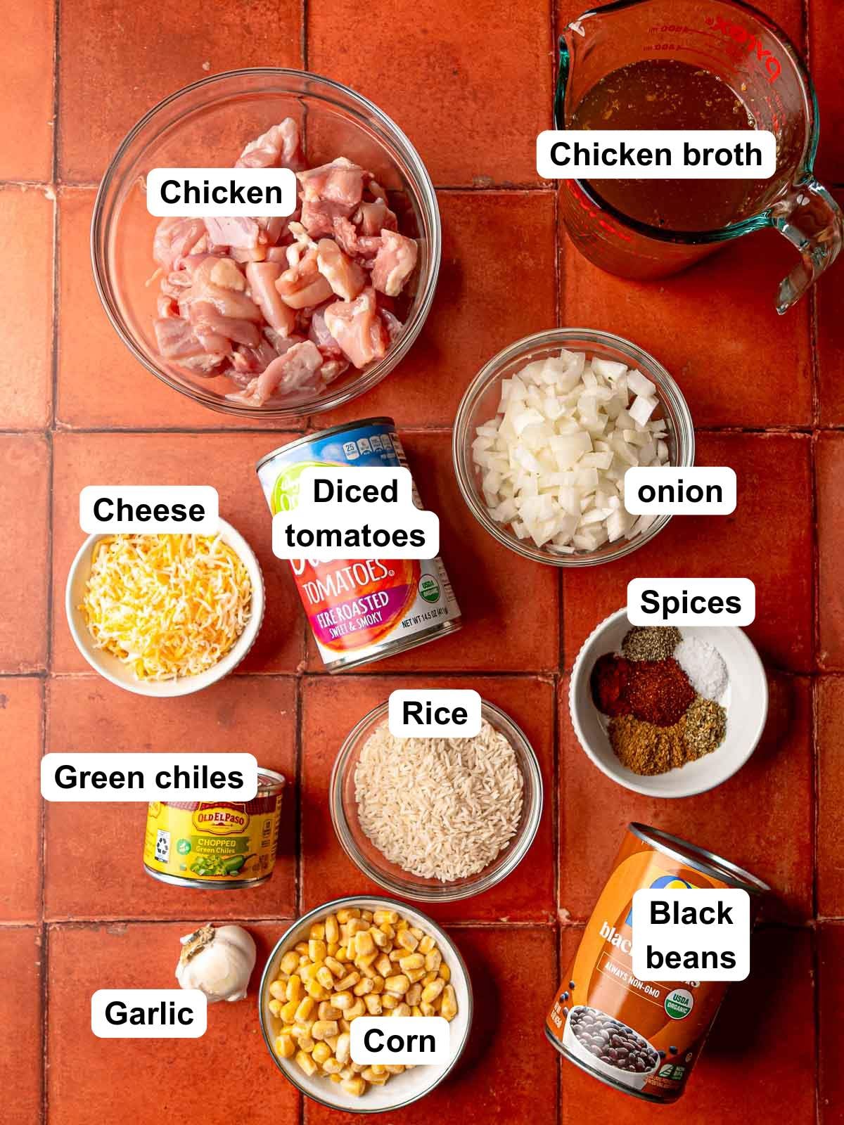 Ingredients for Tex-Mex chicken skillet.
