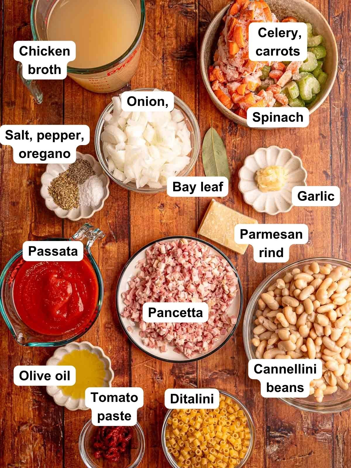 Ingredients for pasta e fagioli include pancetta, cannellini beans, ditalini, passata, tomato paste, chicken broth, onion, carrots, celery, spinach, garlic, Parmesan rind, olive oil, bay leaf, salt, pepper, and oregano.